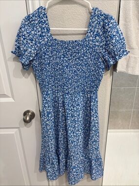 Blue Floral Square-Neck Smocked Midi Dress